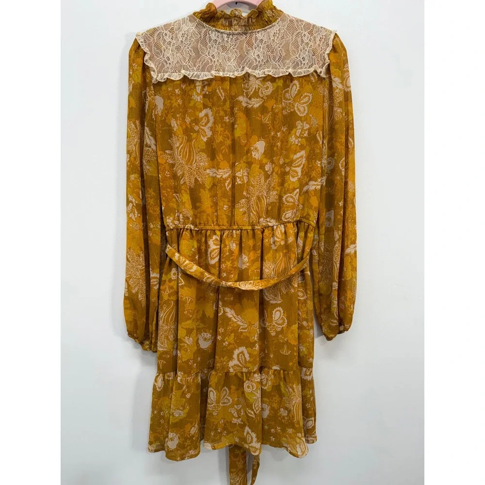 Tahari Floral Mini Dress 12 Mustard Yellow Lace Yoke Long Sleeve Boho Tiered - Picture 5 of 10